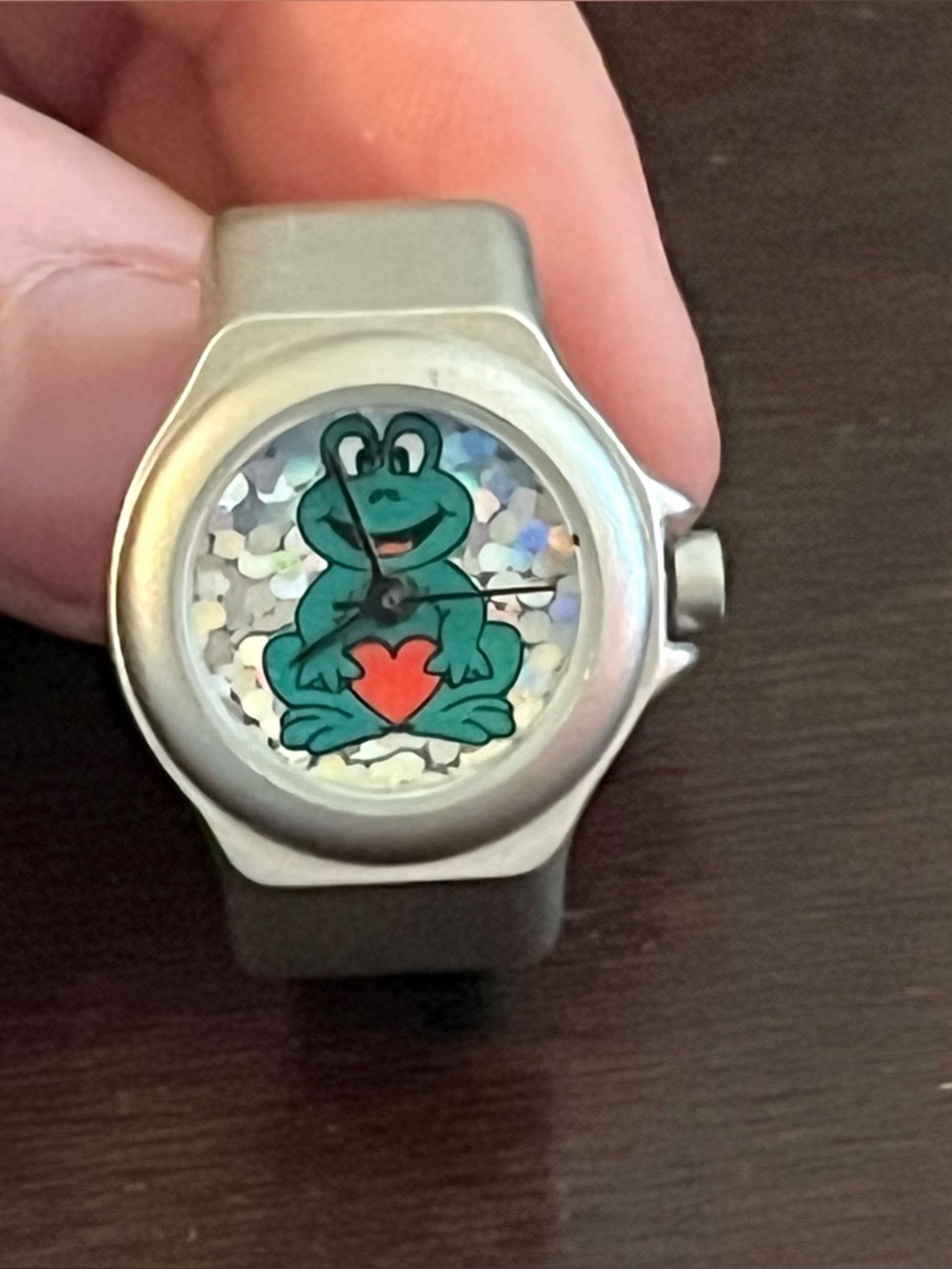 Afterthoughts vintage holographic frog heart ring watch